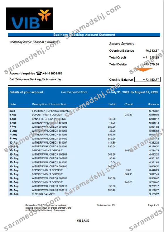VIB Bank business checking account statement Word and PDF template